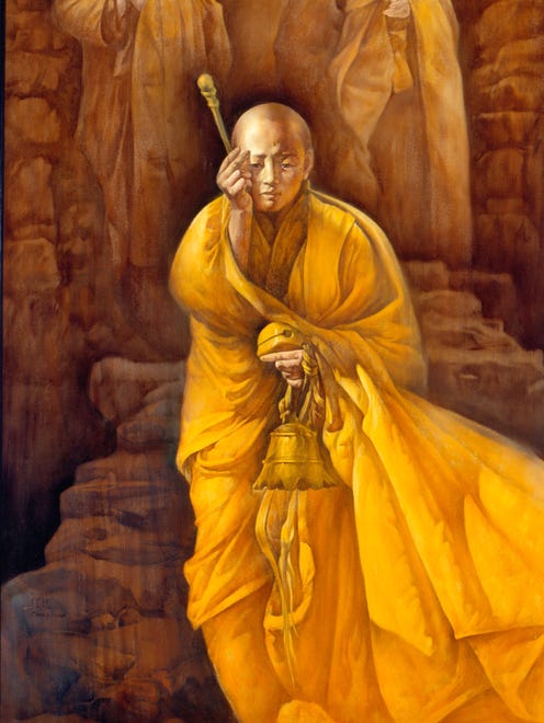 Cheng Yuan, Yellow Robes, 1990. Oil on canvas. From the collection of Gerry and Leslie Jones.