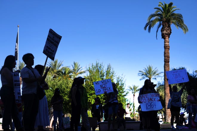 Protesters gather at the Capitol in downtown Phoenix on April 11, 2024, to protest the recent Arizona Supreme Court ruling upholding an 1864 abortion law, banning the procedure in most cases.