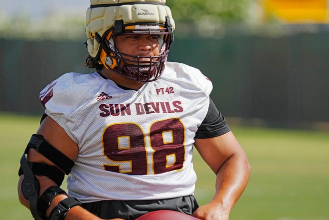 ASU defensive lineman Jacob Rich Kongaika (98) catches a breath during a spring practice at Kajikawa Practice Fields on April, 24, 2024.