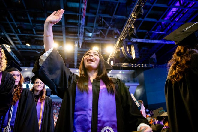Graduating Grand Canyon University students attend their commencement ceremony at Global Credit Union Arena in Phoenix on April 26, 2024.