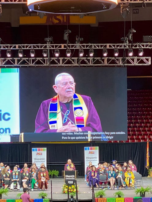 Alfredo Gutierrez speaks at Arizona State University's Hispanic Convocation on Saturday, May 4, 2024. The influential political and community leader finished his bachelor's degree nearly six decades after being forced out of school because of his protest activity.