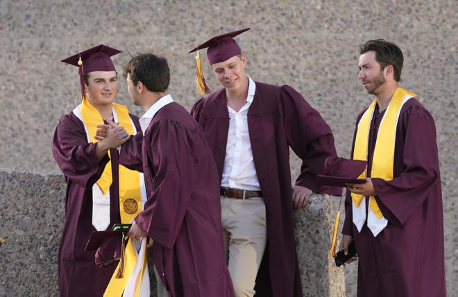 Graduates gather before entering Arizona State University's commencement ceremony in Tempe, Ariz., on May 6, 2024.