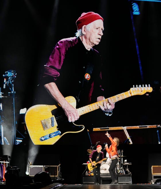The Rolling Stones' Keith Richards is projected onto a screen as they perform during their Hackney Diamonds Tour at State Farm Stadium on May 7, 2024, in Glendale, Ariz.
