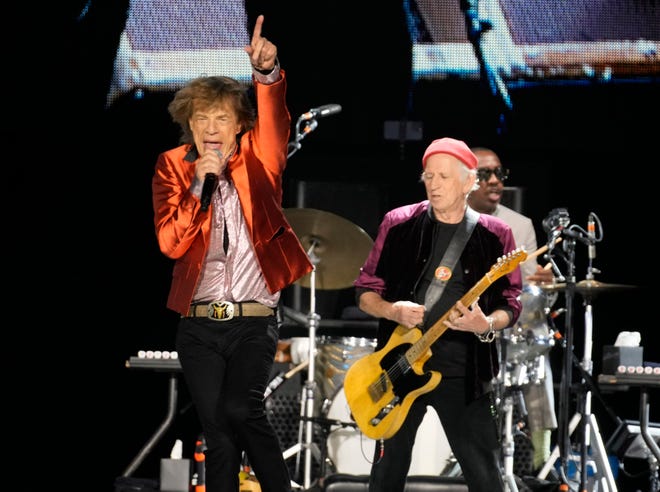 The Rolling Stones’ Mick Jagger and Keith Richards perform during their Hackney Diamonds Tour at State Farm Stadium on May 7, 2024, in Glendale, Ariz.