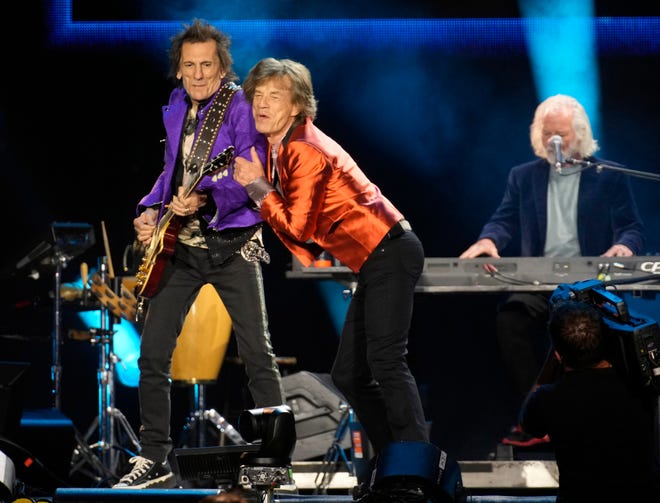The Rolling Stones’ Ronnie Wood and Mick Jagger perform during their Hackney Diamonds Tour at State Farm Stadium.