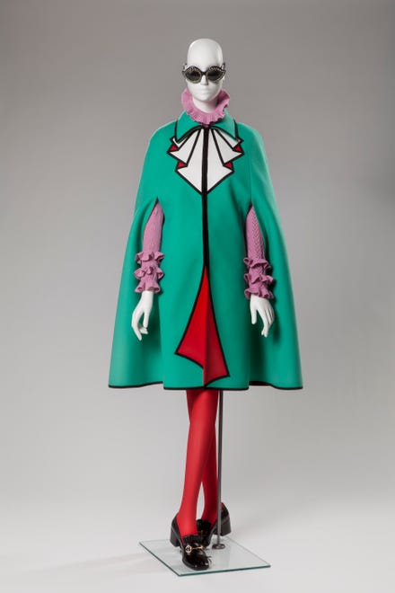Ensemble by Alessandro Michele for Gucci, fall 2016. Wool, polyester, acetate, plastic, crystals, leather and metal. Collection of Phoenix Art Museum, purchased with funds provided by Arizona Costume Institute.