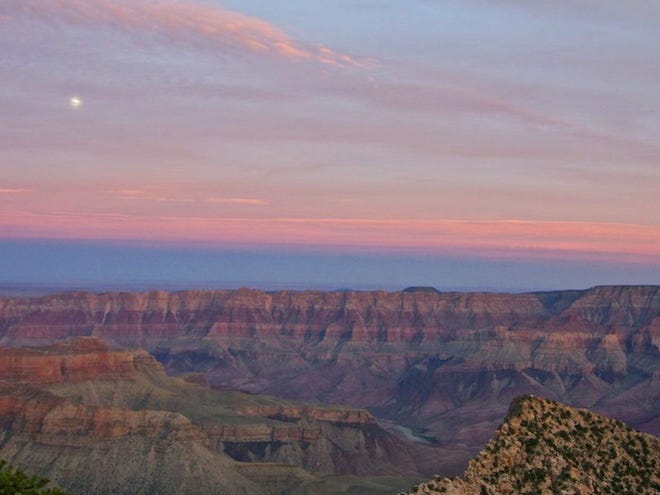 La puesta de sol en el lado oeste de Grand Canyon North Rim. La luna se elevaba en el cielo de color rosa.