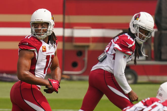 September 13, 2020; Santa Clara, California, USA; Arizona Cardinals wide receiver Larry Fitzgerald (11) and wide receiver DeAndre Hopkins (10) line up before the game against the San Francisco 49ers at Levi's Stadium. Mandatory Credit: Kyle Terada-USA TODAY Sports