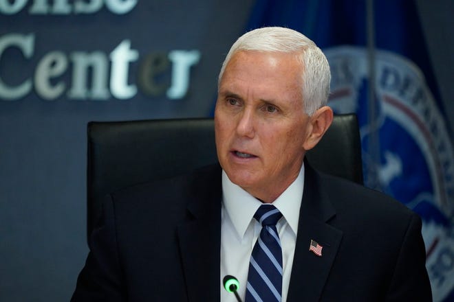US Vice President Mike Pence attends a briefing on Hurricane Laura in the Federal Emergency Management Agency (FEMA) headquarters, in Washington, DC, USA, 27 August 2020.
