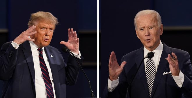 Combinación de fotos del presidente Donald Trump y del exvicepresidente Joe Biden durante su primer debate hacia las elecciones presidenciales de noviembre, el martes 29 de septiembre de 2020, en Cleveland, Ohio.