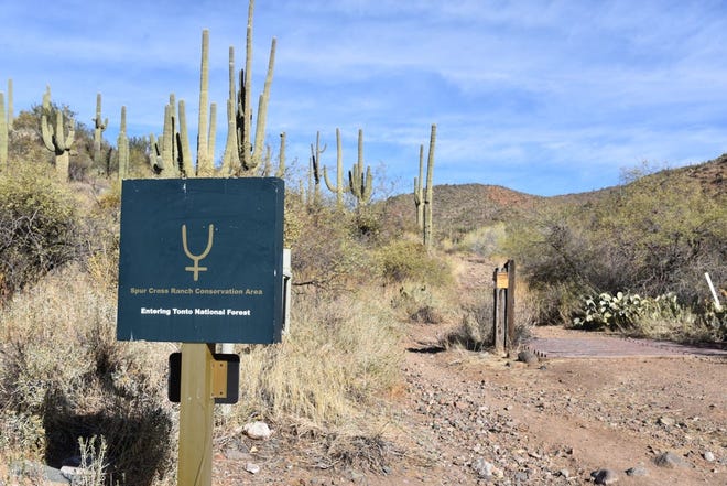 Este letrero indica dónde el sendero Maricopa sale del área de conservación de Spur Cross Ranch y entra en el bosque nacional de Tonto.