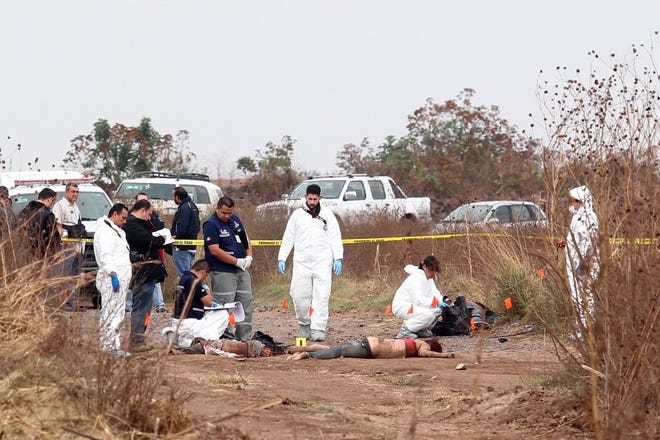 Peritos forenses reúnen evidencias en la zona donde fueron localizados cuerpos calcinados.